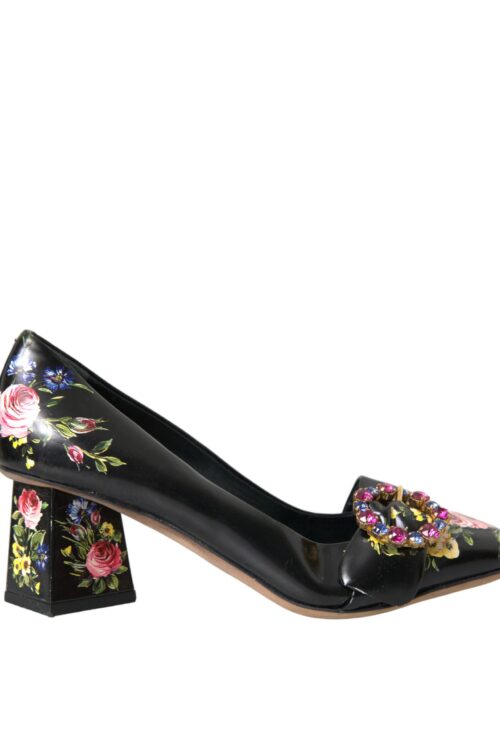 Dolce & Gabbana Black Floral Crystals Leather Pumps Shoes