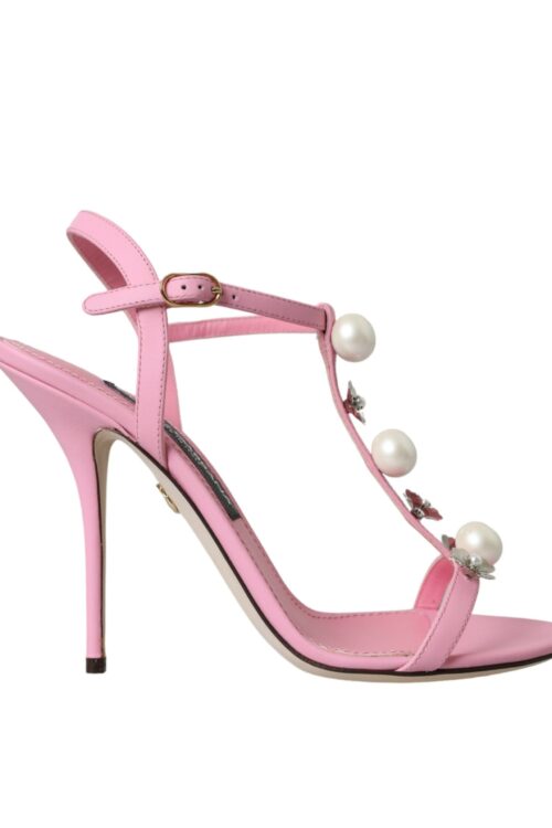 Dolce & Gabbana Pink Leather Embellished Heels Sandals Shoes