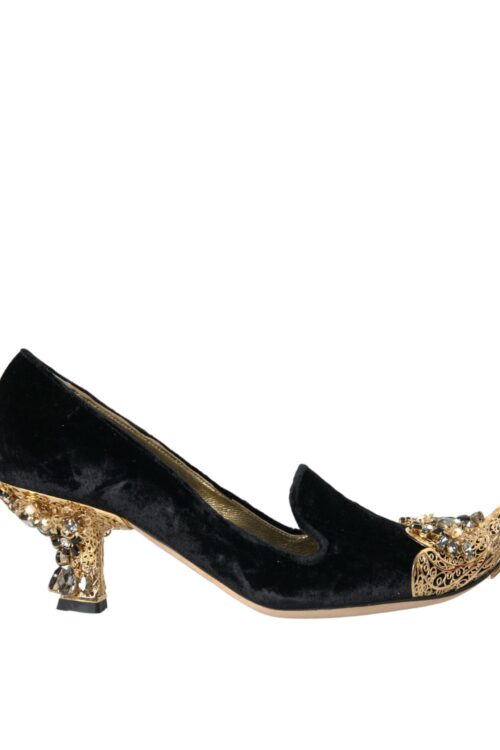 Dolce & Gabbana Black Velvet Embellished Heels Pumps Shoes