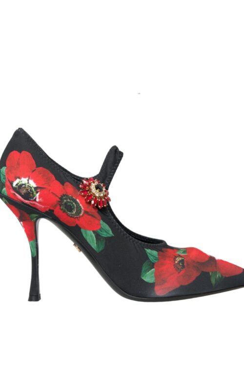 Dolce & Gabbana Black Floral Crystal Mary Jane Pumps Shoes