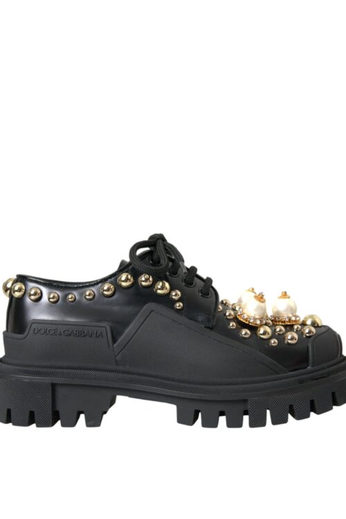 Dolce & Gabbana Black Leather Trekking Derby Embellished Shoes