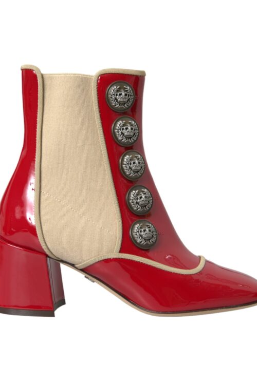 Dolce & Gabbana Red Beige Leather Embellished Mid Calf Boots Shoes