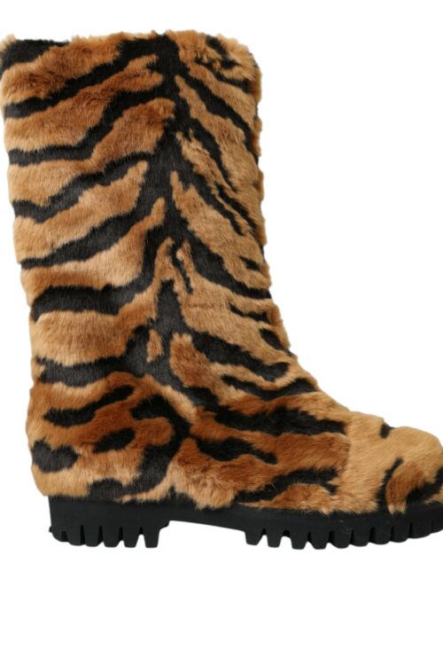 Dolce & Gabbana Brown Tiger Fur Leather Mid Calf Boots Shoes