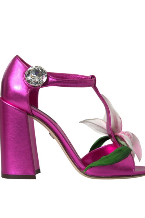 Dolce & Gabbana Pink Leather Crystals Floral Sandals Shoes