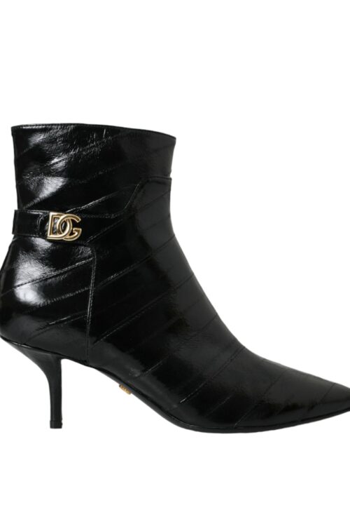 Dolce & Gabbana Black Eel Leather Logo Short Boots Shoes