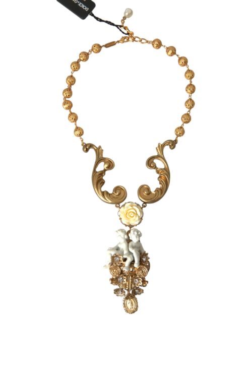 Dolce & Gabbana Gold Brass Angel Floral Beaded Embellished Necklace