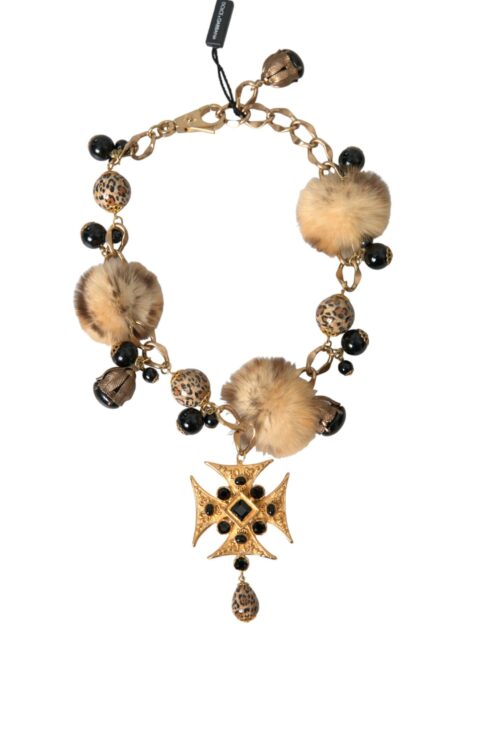 Dolce & Gabbana Gold Black Crystals Lapin Fur Filigree Chocker Necklace