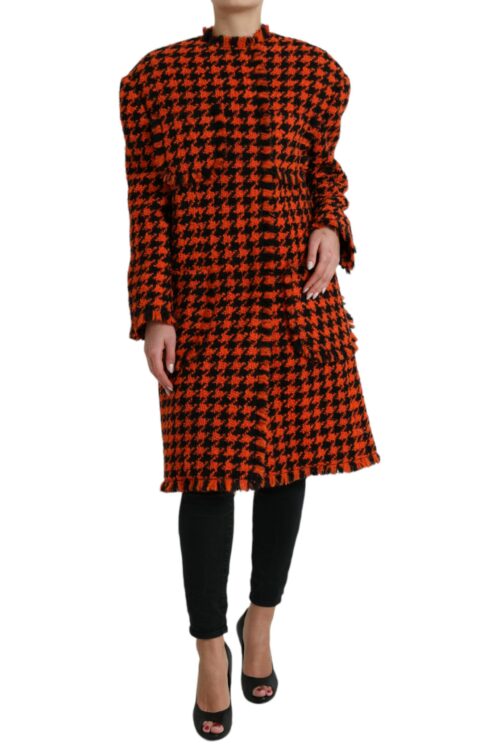 Dolce & Gabbana Elegant Houndstooth Long Coat in Vibrant Orange