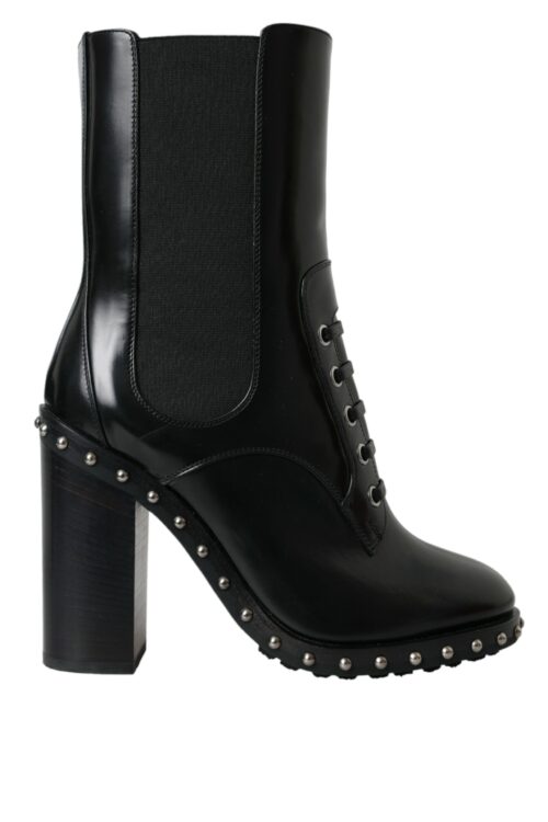 Dolce & Gabbana Black Leather Studded Lace Up Boots Shoes