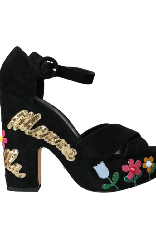 Dolce & Gabbana Black Floral Ankle Strap Heels Sandals Shoes