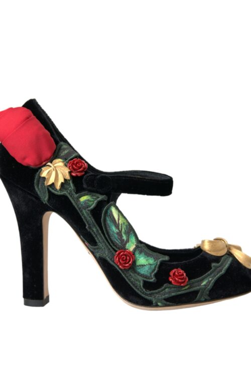 Dolce & Gabbana Black Roses Crystal Brooch Mary Jane Shoes