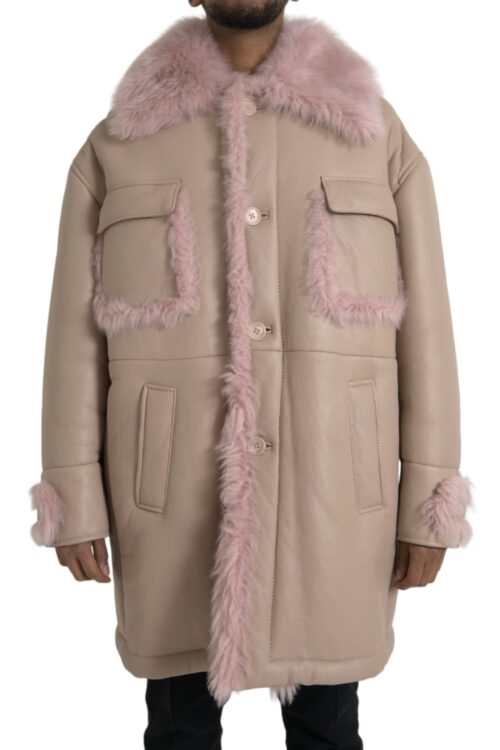 Dolce & Gabbana Beige Pink Lamb Leather Shearling Coat Jacket