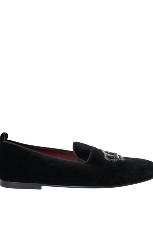 Dolce & Gabbana Black Velvet Crystal Crown Men Loafers Shoes