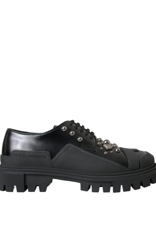 Dolce & Gabbana Black Leather Studded Trekking Sneakers Shoes