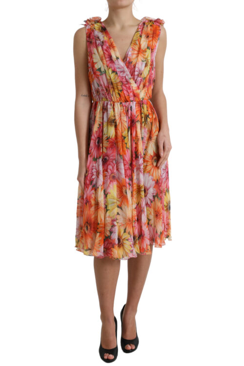 Dolce & Gabbana Elegant Floral Silk Midi Dress with V-Neck