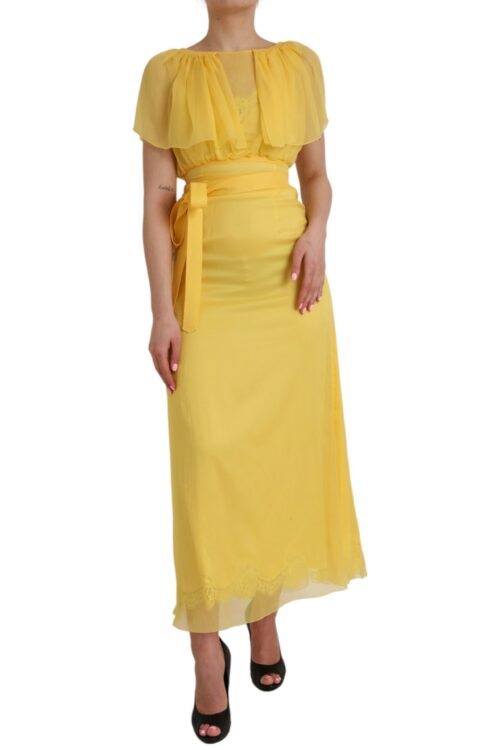 Dolce & Gabbana Yellow Silk Sheath Belted Long Maxi Dress