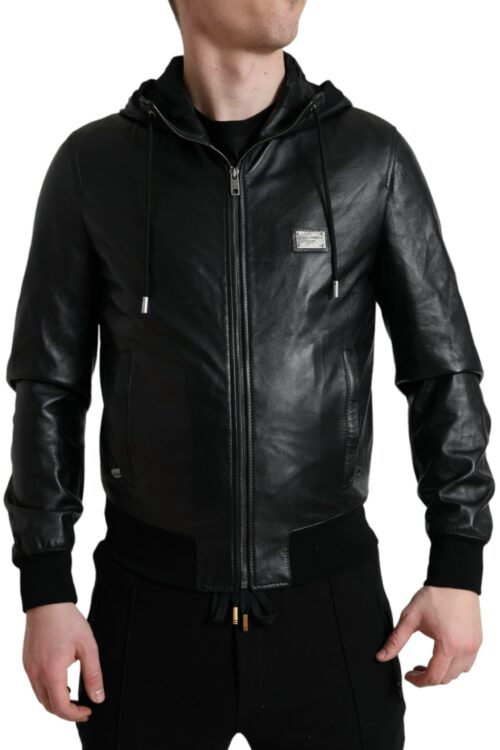 Dolce & Gabbana Elegant Black Leather Hooded Zip Jacket
