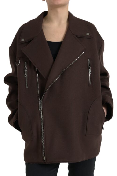 Dolce & Gabbana Brown Coat Short Biker Wool Jacket