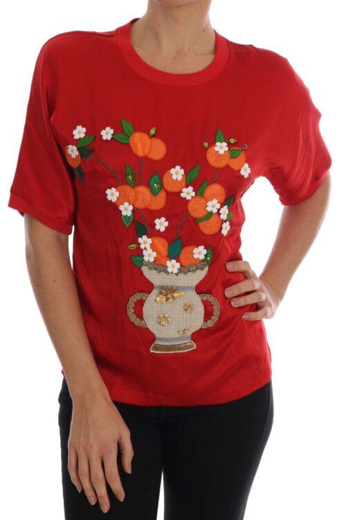 Dolce & Gabbana Red Silk Floral Embroidered Elegance Top