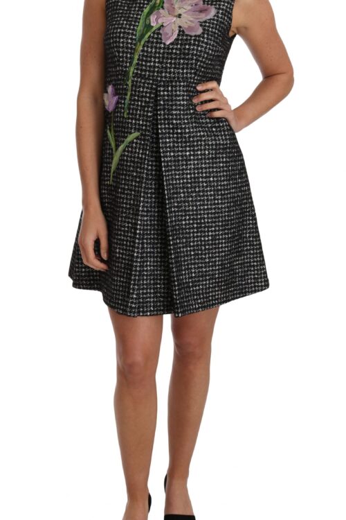 Dolce & Gabbana Elegant Gray Mini A-Line Dress with Purple Tulip