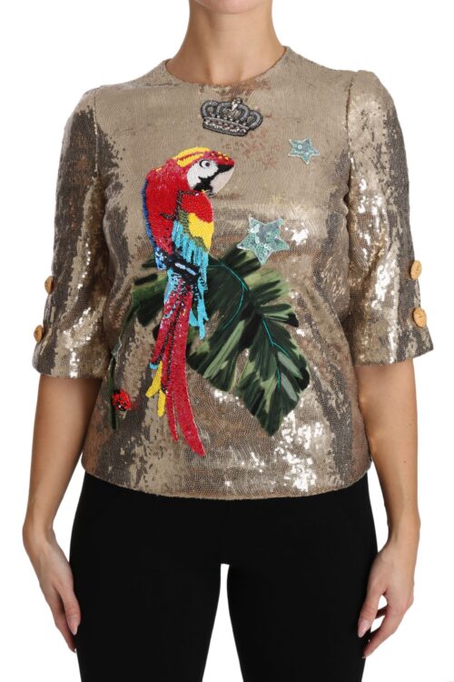 Dolce & Gabbana Gold Parrot Motif Crewneck Blouse with Crystals
