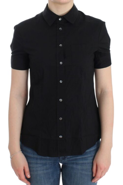 John Galliano Elegant Black Cotton Stretch Shortsleeve Blouse