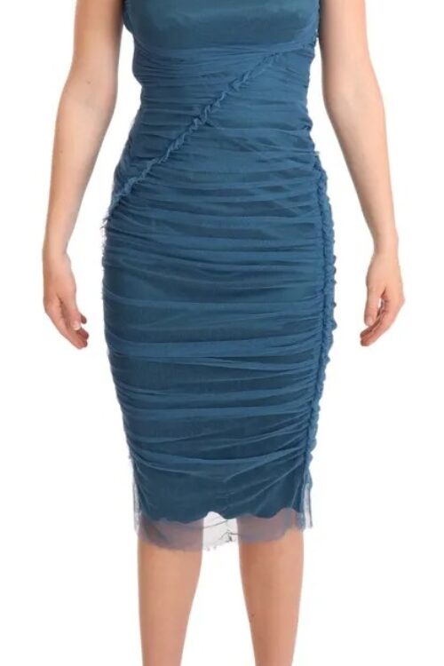 Dolce & Gabbana Blue Mesh Trim Ruched Tulle Sheath Dress