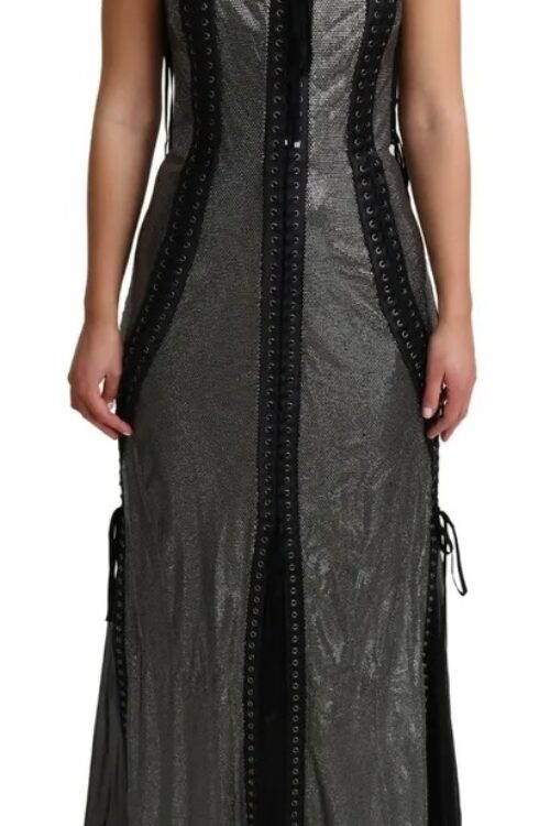 Dolce & Gabbana Black Crystals Lace Up Runway Gown Dress