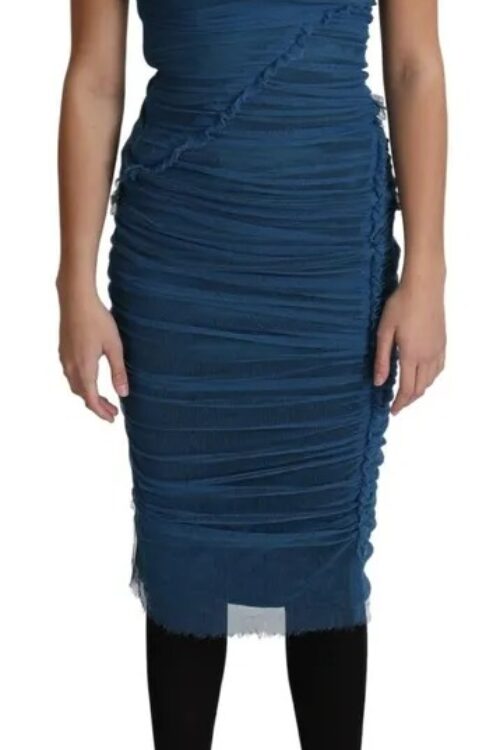 Dolce & Gabbana Blue Draped Tulle Midi Sheath Cotton Dress