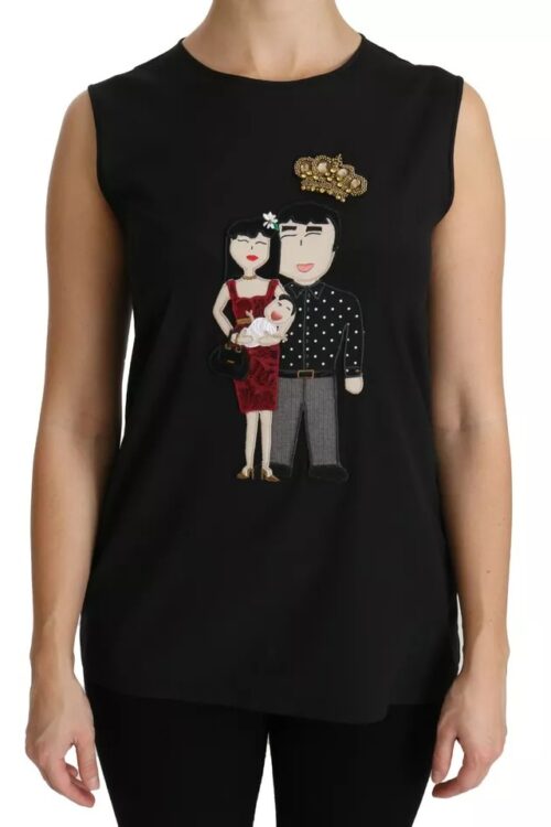 Dolce & Gabbana Black Silk DG Family Crystal Sleeveless Top