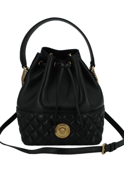 Versace Elegant Black Leather Medusa Bucket Shoulder Bag