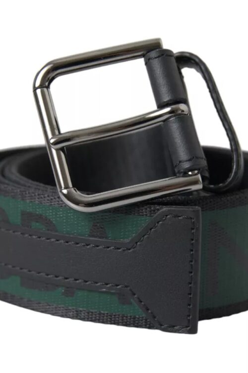 Dolce & Gabbana Black Green Logo Silver Metal Buckle Belt