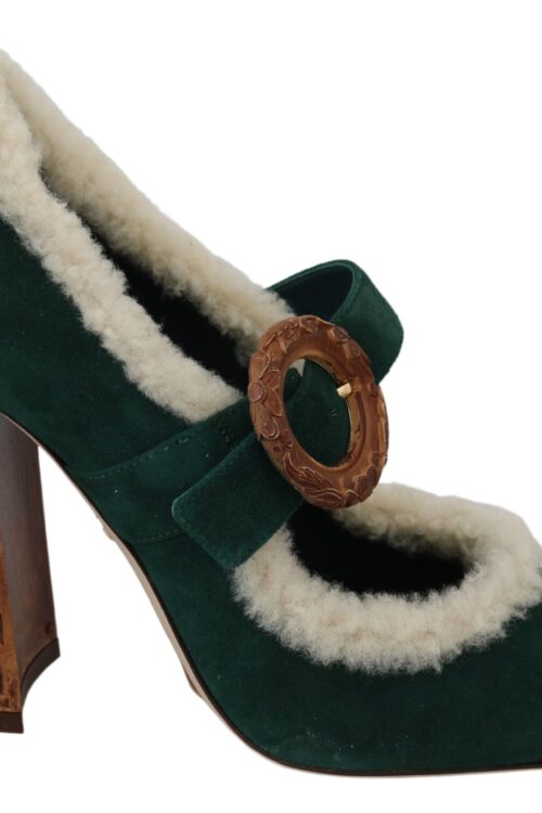 Dolce & Gabbana Chic Green Suede Mary Janes with Shearling Trim