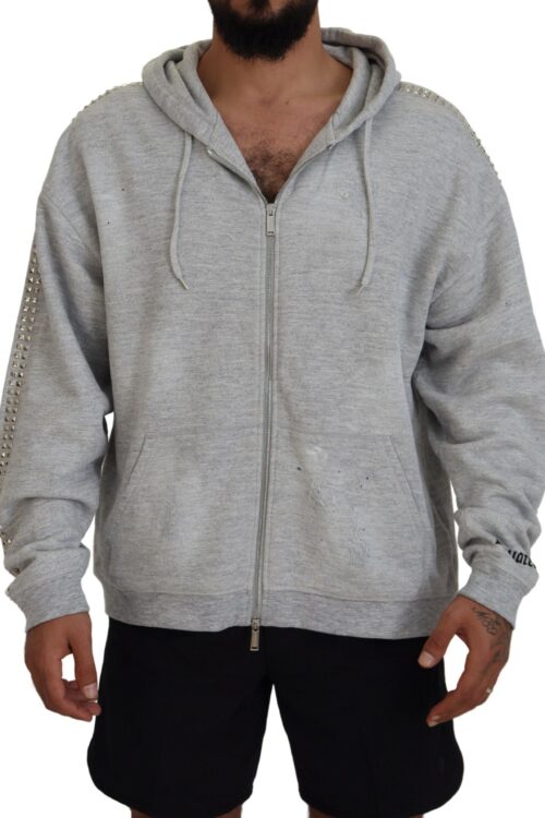 Dsquared² Gray Hooded Printed Crystal Embellishment Sweater