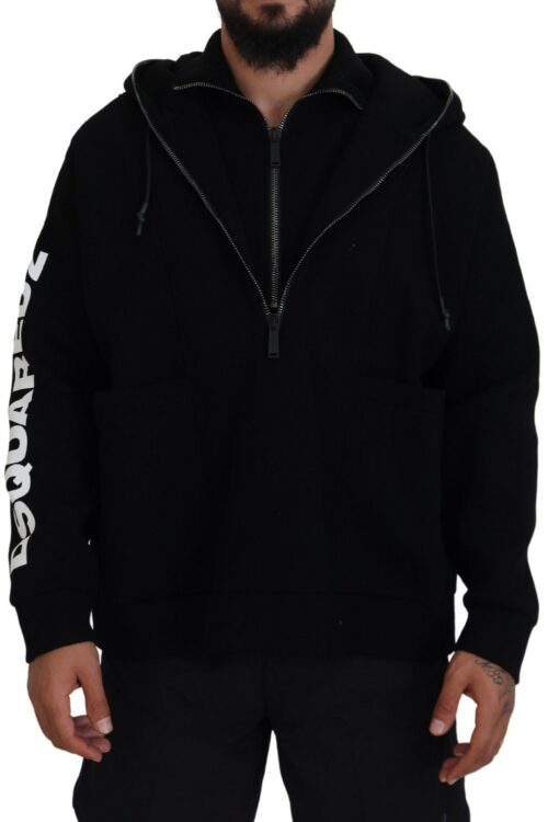 Dsquared² Black Hooded Printed Sleeves Double Zip Sweater