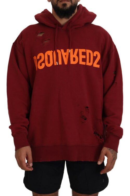 Dsquared² Maroon Cotton Tattered Hooded Printed Pullover Sweater