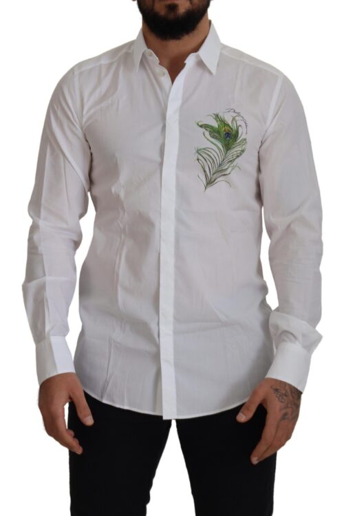 Dolce & Gabbana Elegant White Peacock Feather Dress Shirt