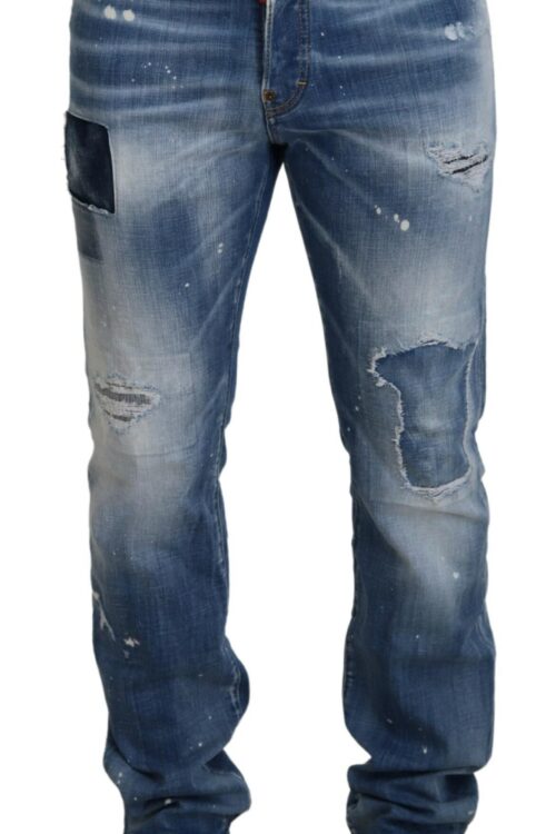 Dsquared² Blue Washed Tattered Straight Fit Casual Denim Jeans