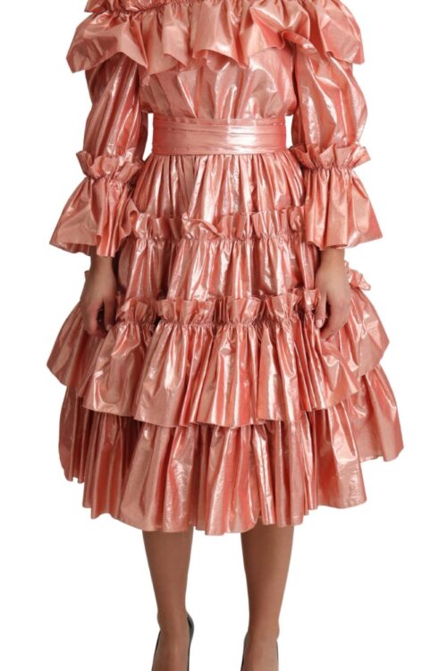 Dolce & Gabbana Pink Metallic Ruffled Gown Elegance