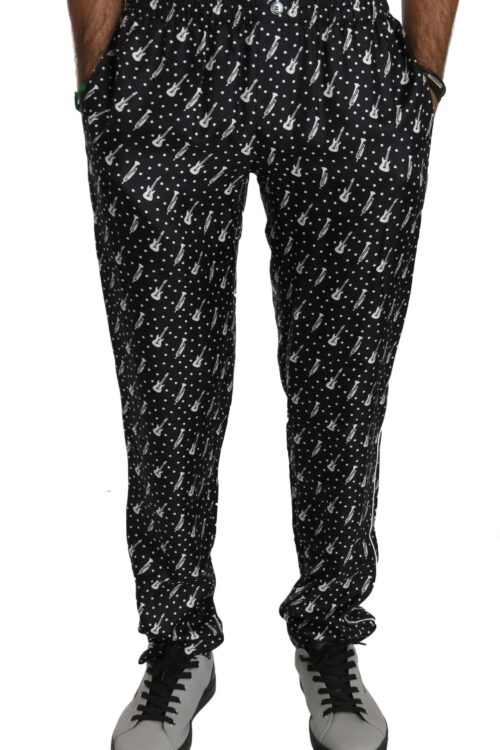 Dolce & Gabbana Elegant Black Musical Instrument Print Silk Pants