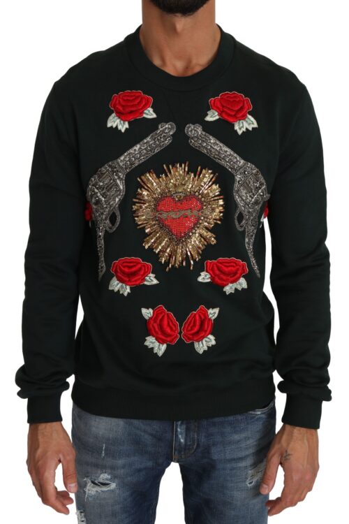 Dolce & Gabbana Emerald Cotton Sweater with Crystal Embroidery