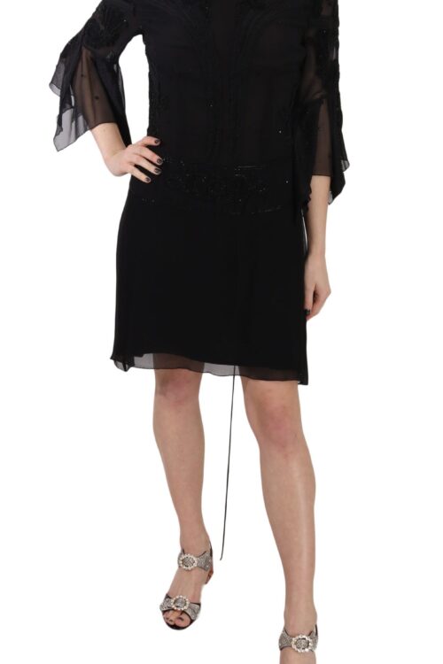 John Richmond Elegant Black Sequined Silk Mini Dress