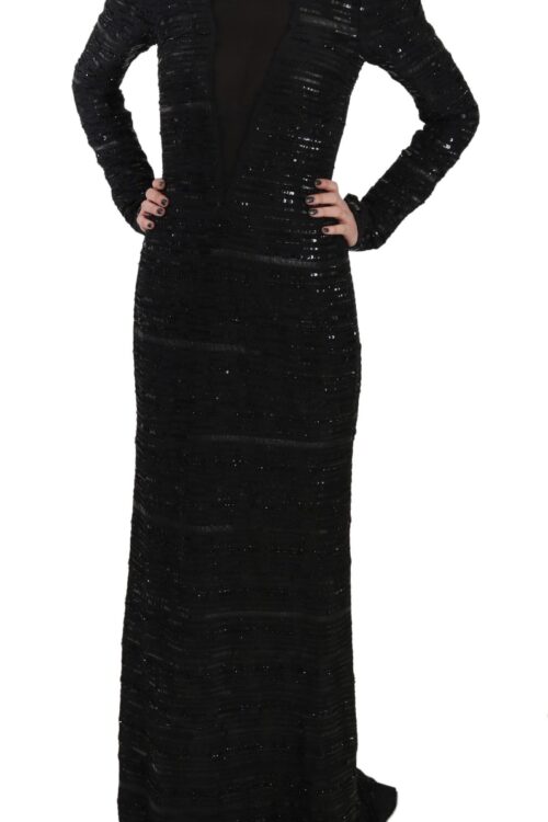 John Richmond Black Silk Sheath Maxi Dress with Sequins