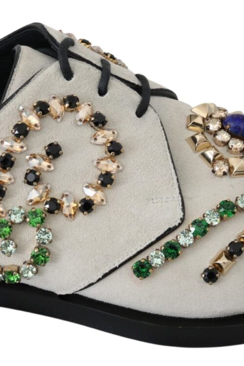 Dolce & Gabbana Elegant White Suede Dress Flats with Crystals