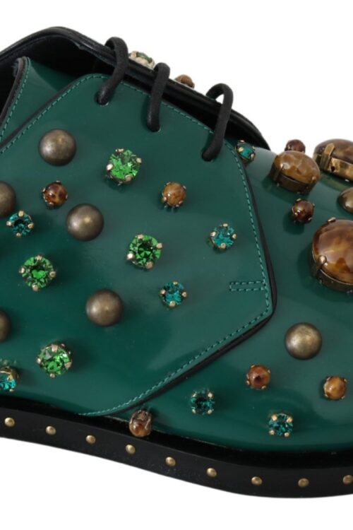 Dolce & Gabbana Emerald Leather Dress Shoes with Crystal Accents