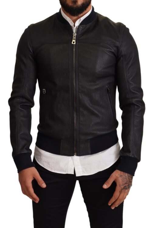 Dolce & Gabbana Elegant Leather Bomber Jacket in Dark Blue