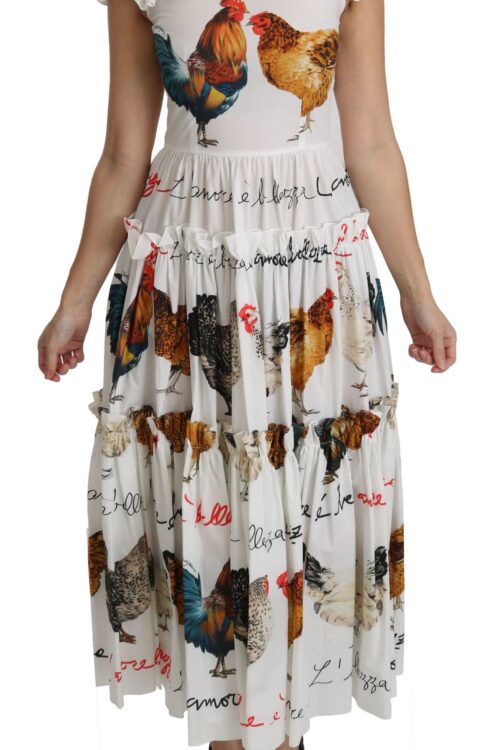 Dolce & Gabbana Elegant White Rooster Print Sheath Midi Dress