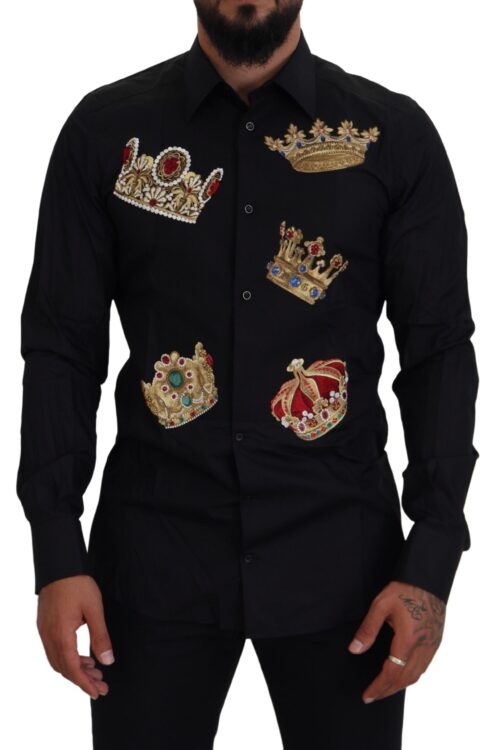 Dolce & Gabbana Elegant Black Slim Fit Dress Shirt with Crown Embroidery