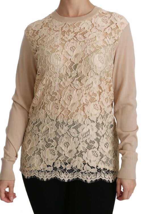 Dolce & Gabbana Elegant Beige Lace Crew Neck Cashmere Blouse