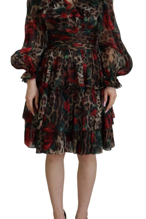 Dolce & Gabbana Silk Leopard Print & Red Roses Dress